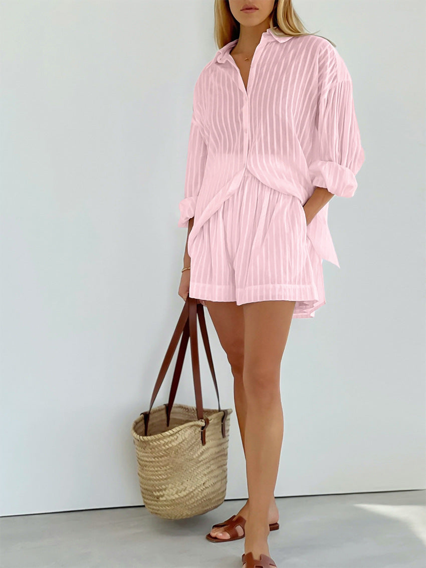 Two Piece Striped Loose Shirt Elastic Waist Short Set