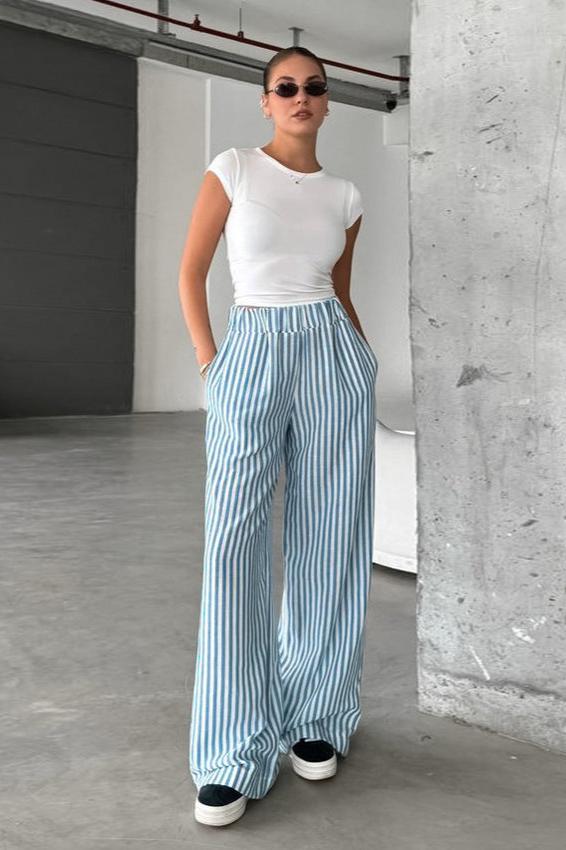 Casual Blue Stripes High Waist Loose Straight Elastic Trousers