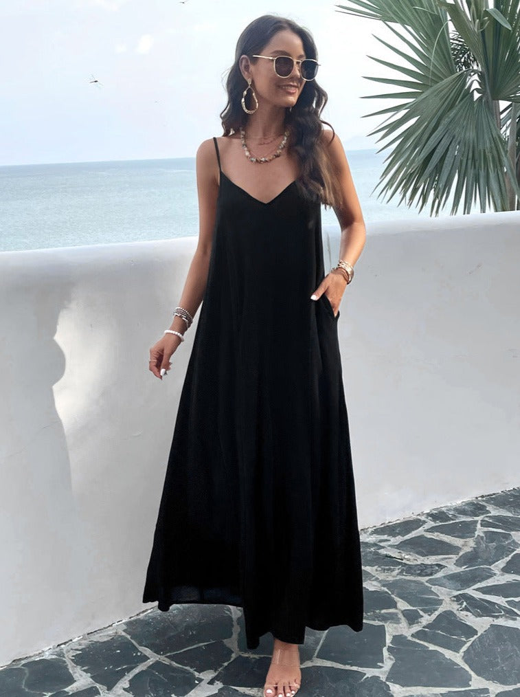 Black Casual Solid Color Suspender Maxi Dress