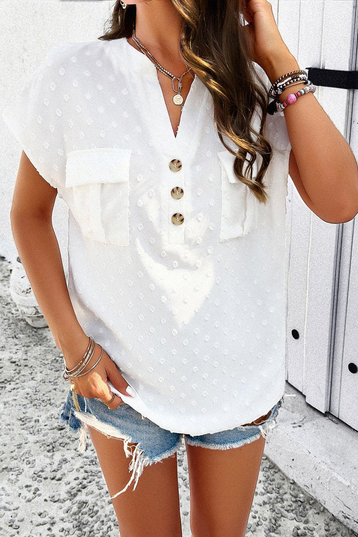 White Chic Cap Sleeve V-Neck Embroidered Blouse