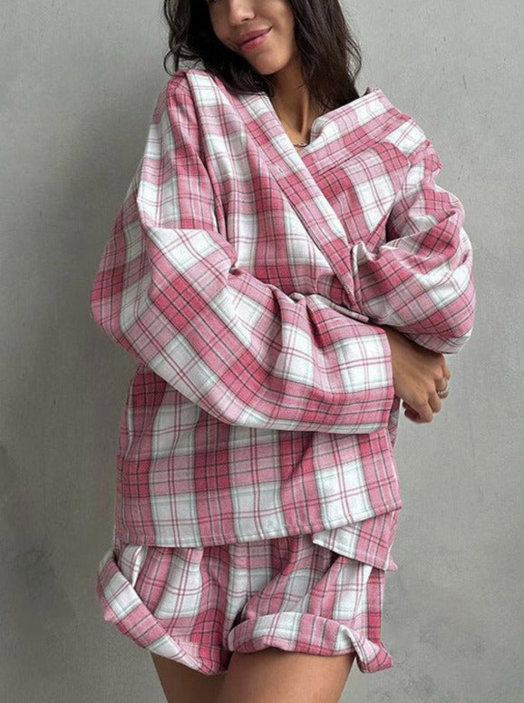 Retro Plaid Design Long Sleeve Two Piece Set