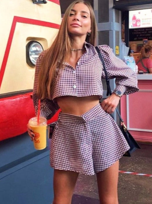 Two Piece Long-Sleeve Plaid Crop Shirt High Waist Mini A-Line Shorts Set