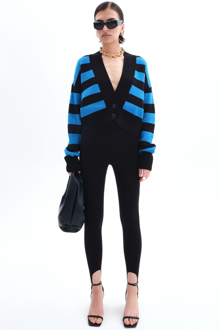 Blue Deep V-Neck Striped Knitted Sweater