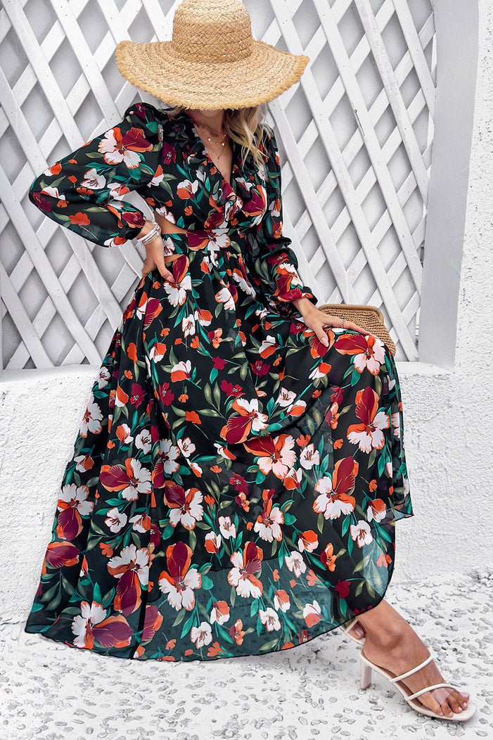 Long Sleeve Deep V-Neck Floral Maxi Dress