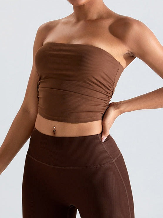 Brown Threaded Chest-Wrapped Slim Fitting Tube Top