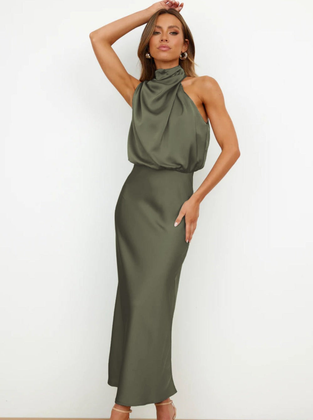 Abendkleid Damen Lang - Satin Neckholder Kleid Elegantes Cocktailkleid für Partys

