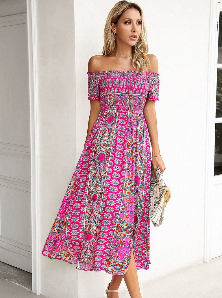 Pink Off Shoulder Bohemian Printed Dress