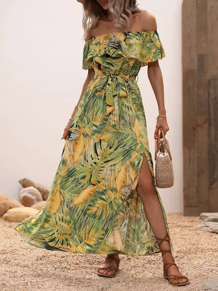 Elegant Off Shoulder Tropical Printed Slit Dress