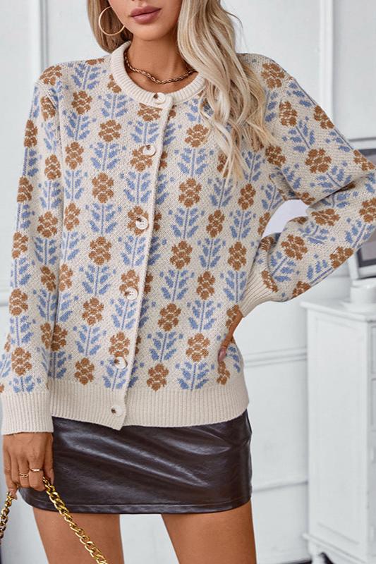 Long Sleeve Floral Buttoned Knitted Sweater