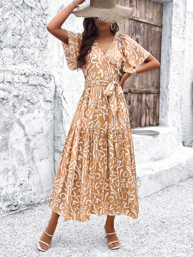 Khaki Deep V-Neck Bohemian Flare Short Sleeve Dress