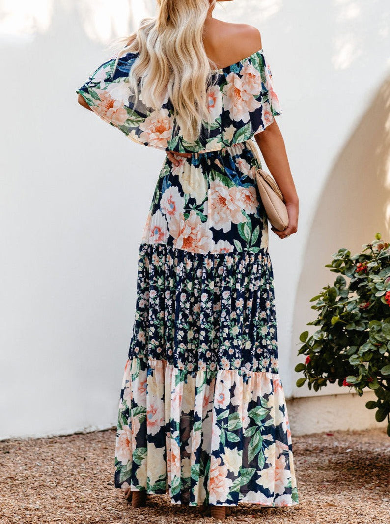 Navy Blue Floral Retro Printed Off Shoulder Maxi Dress