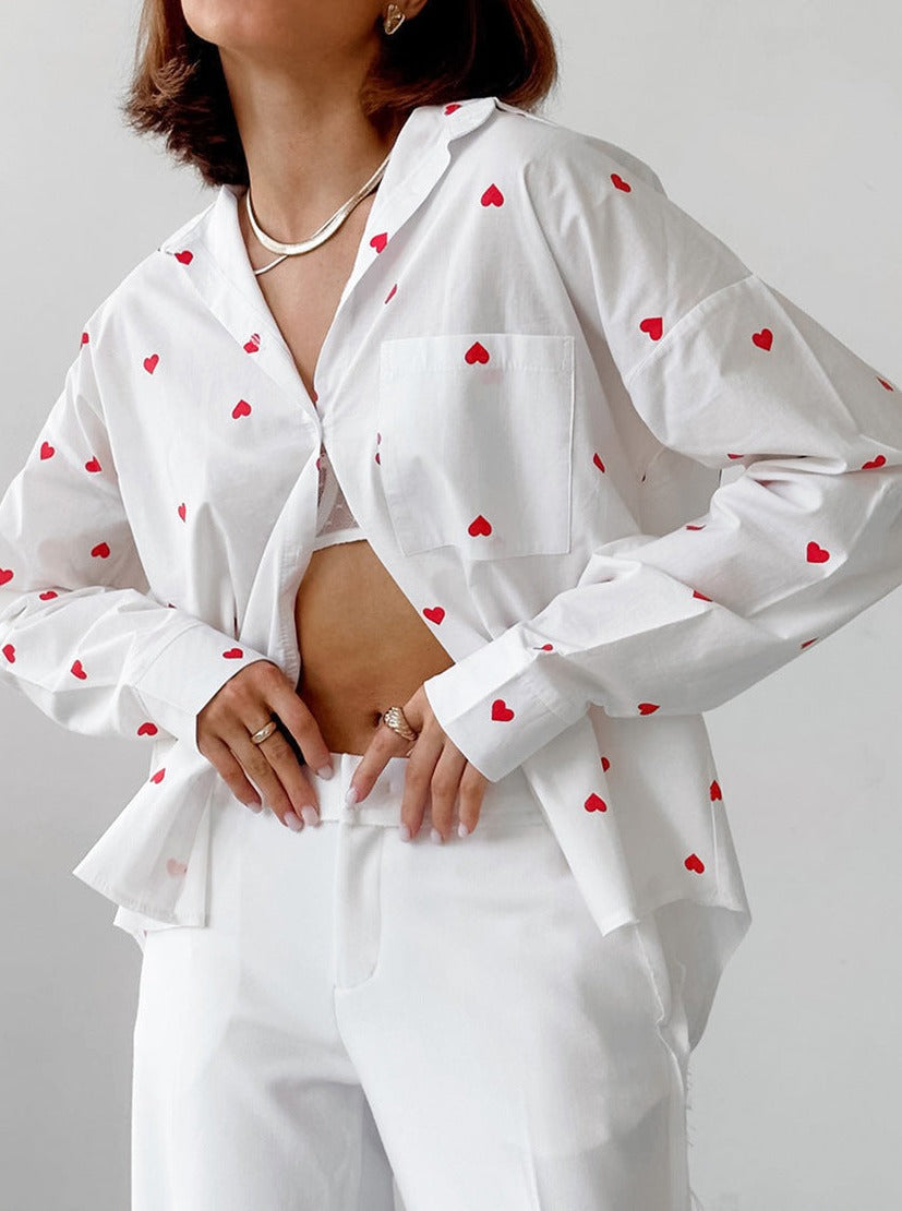 Heart Print Long Sleeve Pocket Shirt