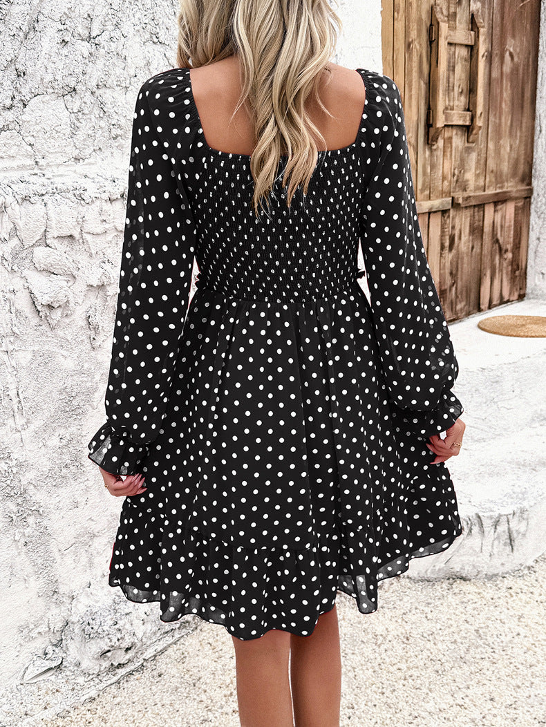 Casual Black Off Shoulder Polka Dot Dress