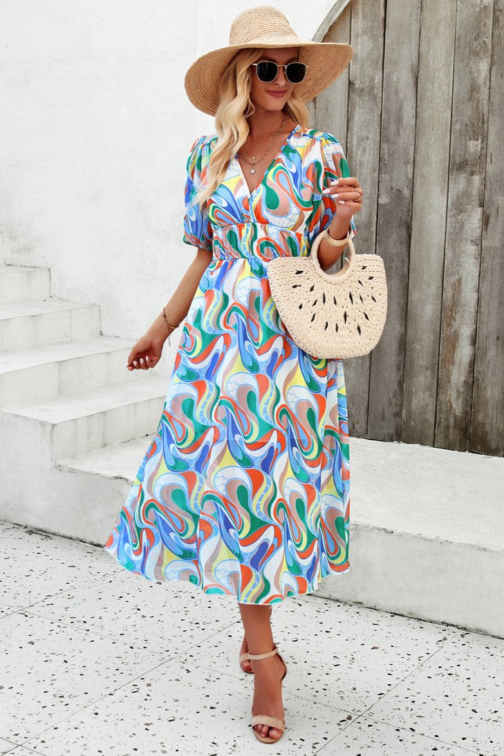 Green Casual Floral V-Neck Puff Sleeve Midi Dress