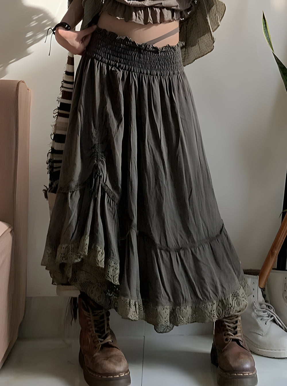 High Waisted Pleated Vintage Long Skirt