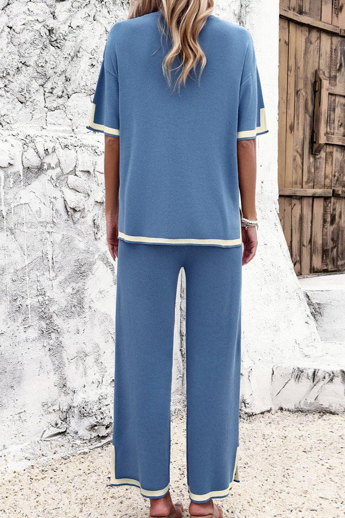 Blue Chic Casual Short Sleeve Knitted Top and Pants Set