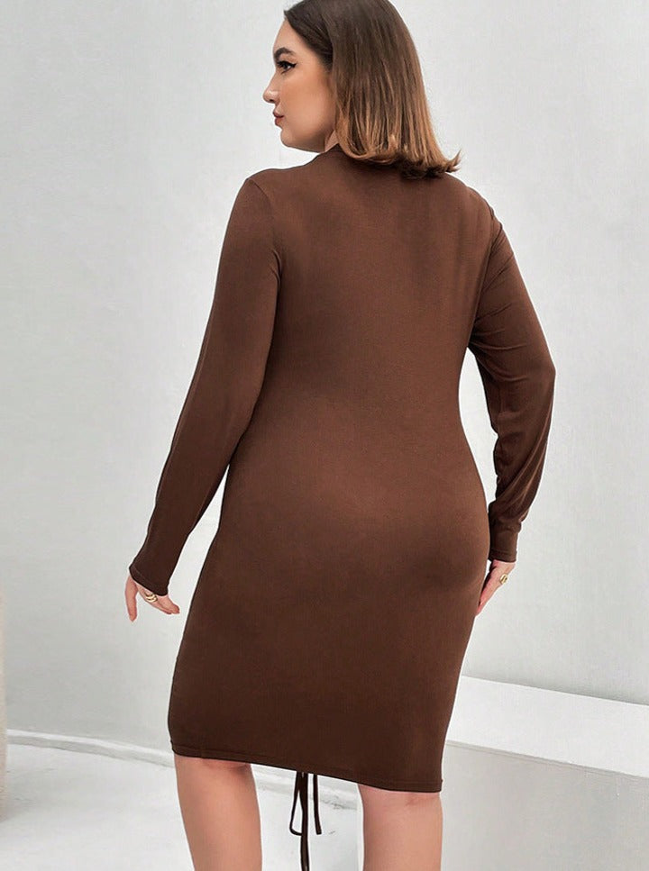 Brown Sexy Plus Size Long Sleeve Slimming Waist Hip Dress