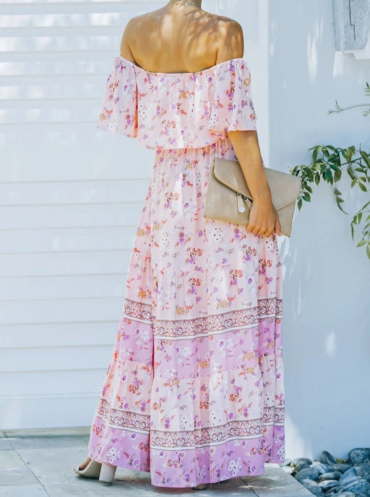 Pink Floral Retro Printed Off Shoulder Maxi Dress