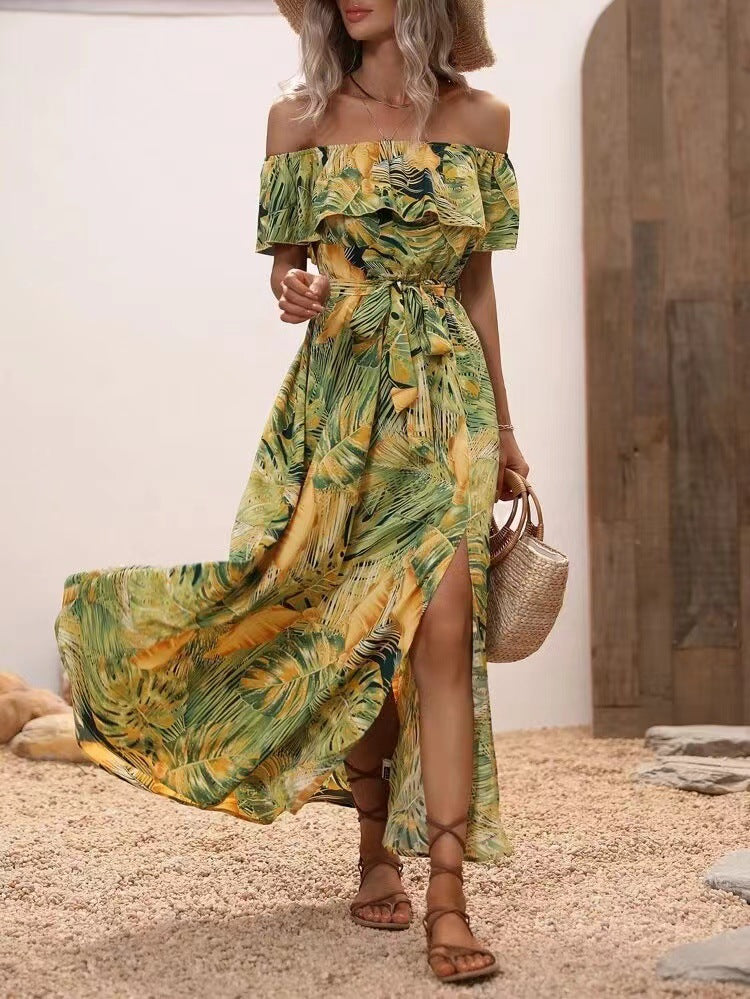 Elegant Off Shoulder Tropical Printed Slit Dress