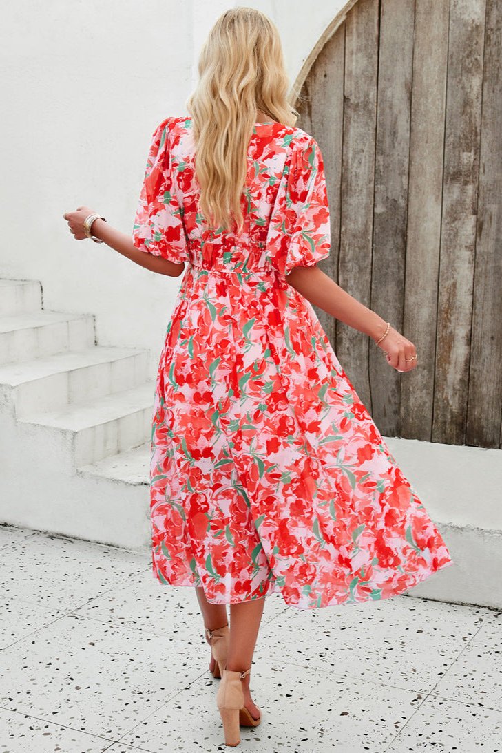 Red Casual Floral V-Neck Puff Sleeve Midi Dress