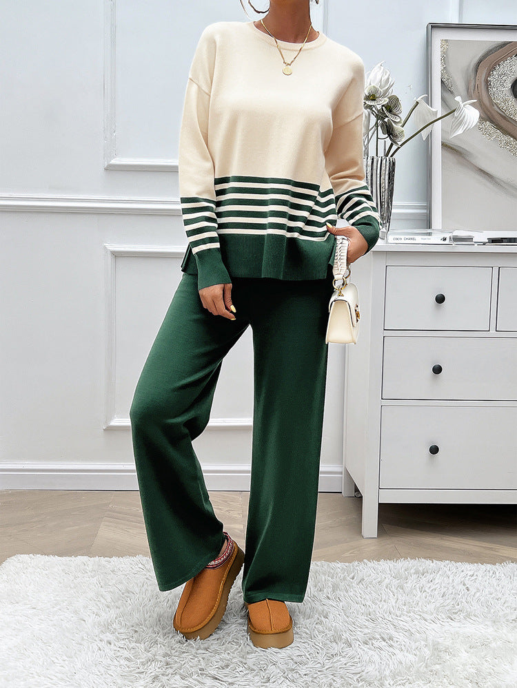 Striped Round Neck Sweater and Trouser Set