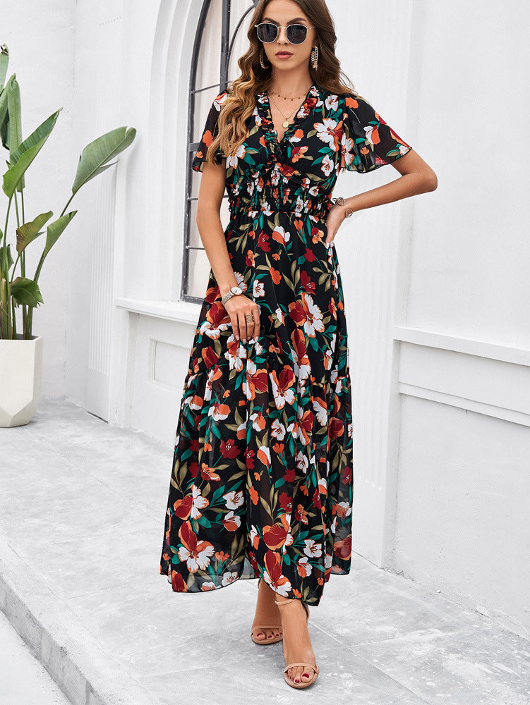 Black Green V-Neck Floral Printed Sundress