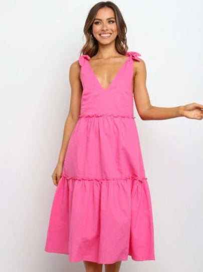 Solid Color Tie Shoulder Layered Dress