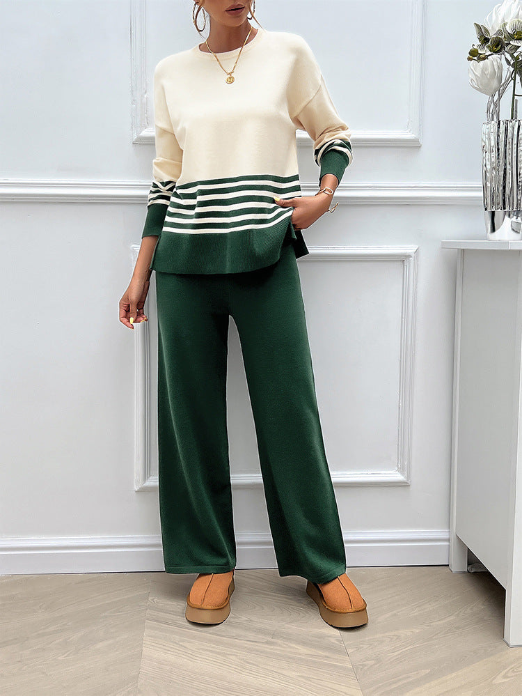 Striped Round Neck Sweater and Trouser Set