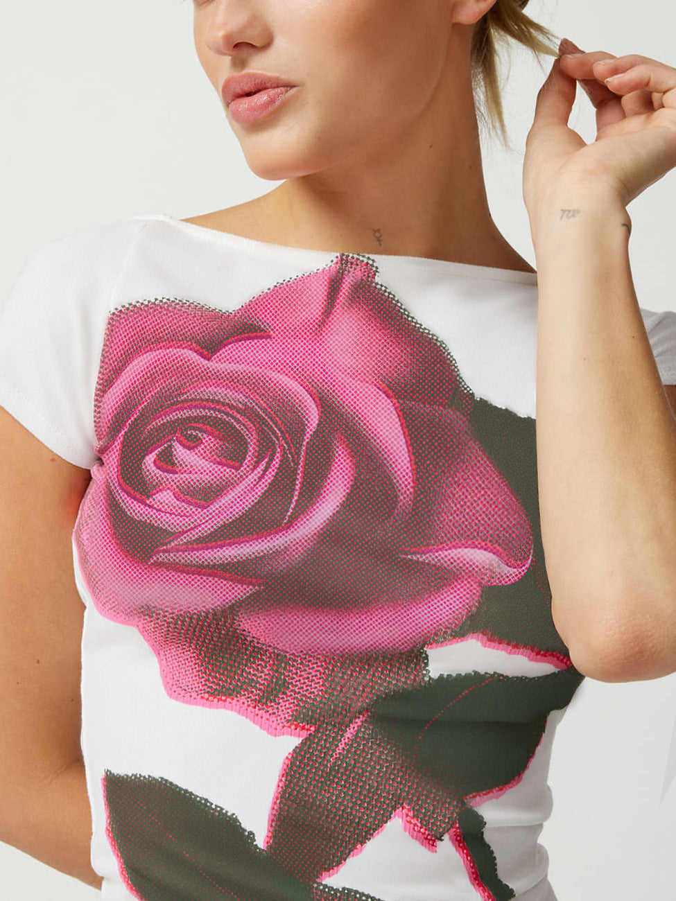 Rosa, geblümtes, kurzärmliges, rückenfreies Crop-Top