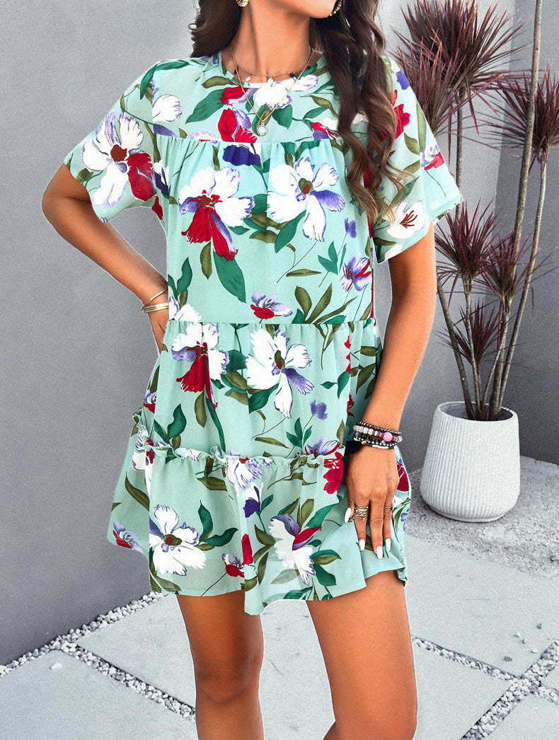 Green Leisure Vacation Printed Short-Sleeved Dress