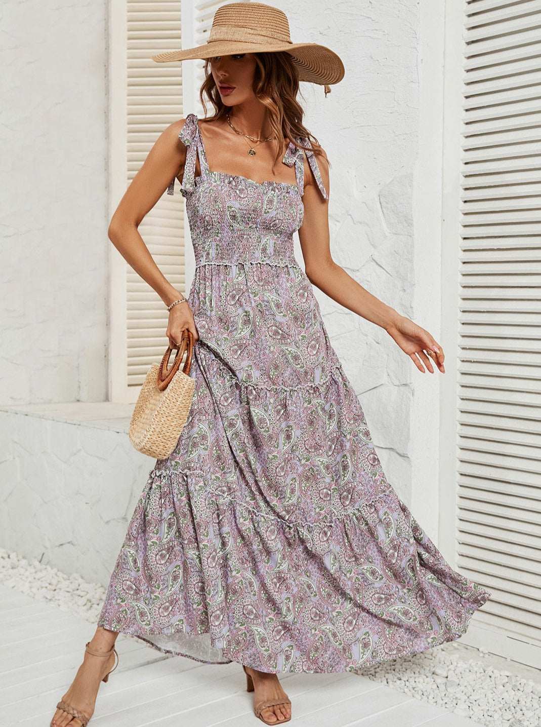 Casual Printed Tie Strap Square Neck Long Summer Dress