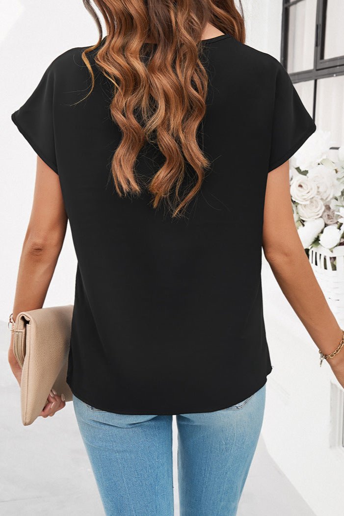 Black Elegant V-Neck Lace Short Sleeve Shirt