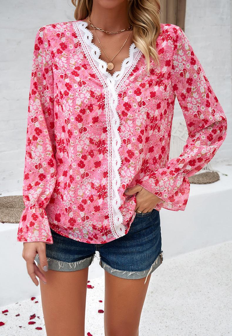 Red Casual Laced Floral Printed Long Sleeve Shirt