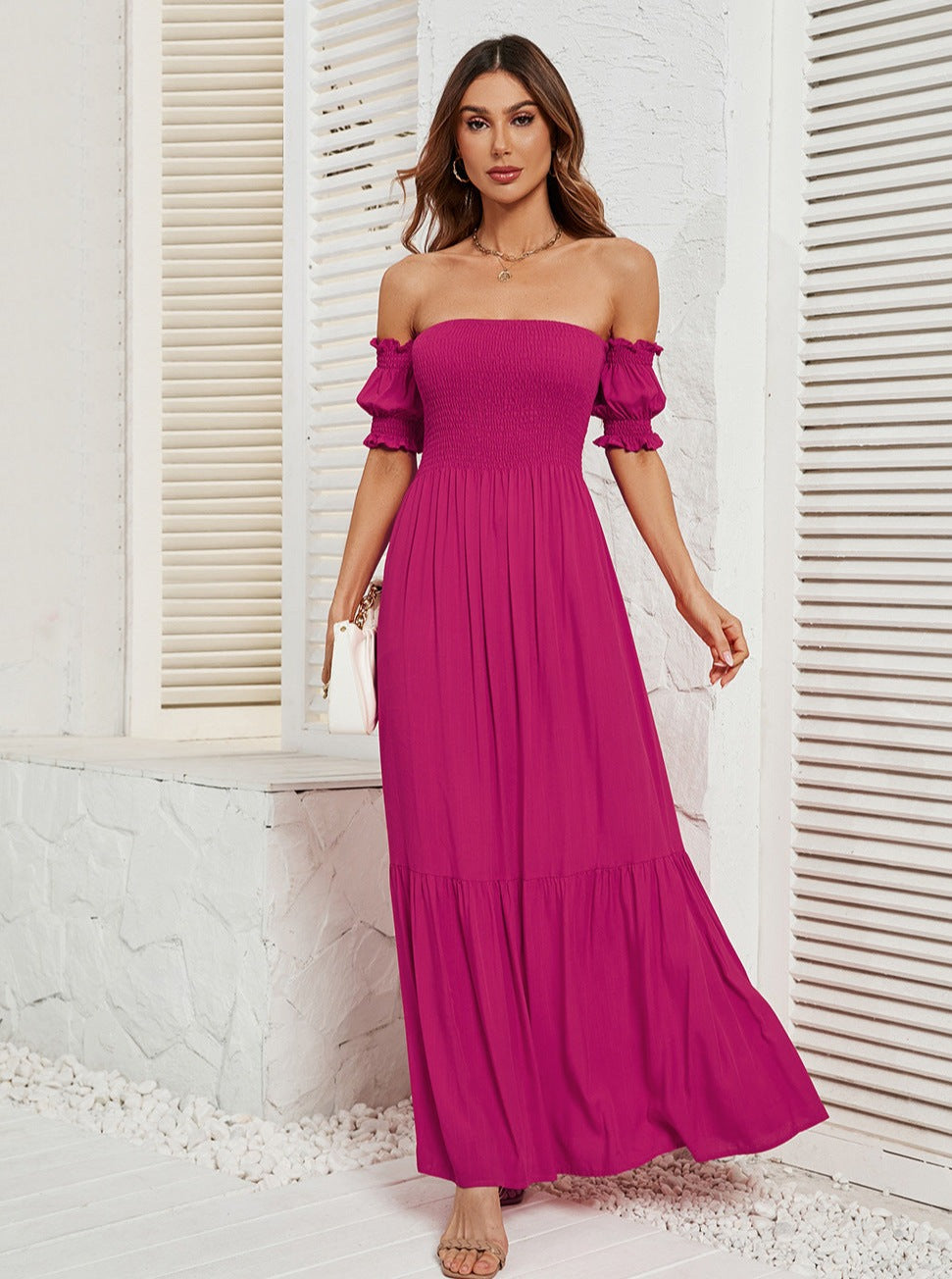 Off Shoulder Bell Sleeve Solid Color Maxi Dress