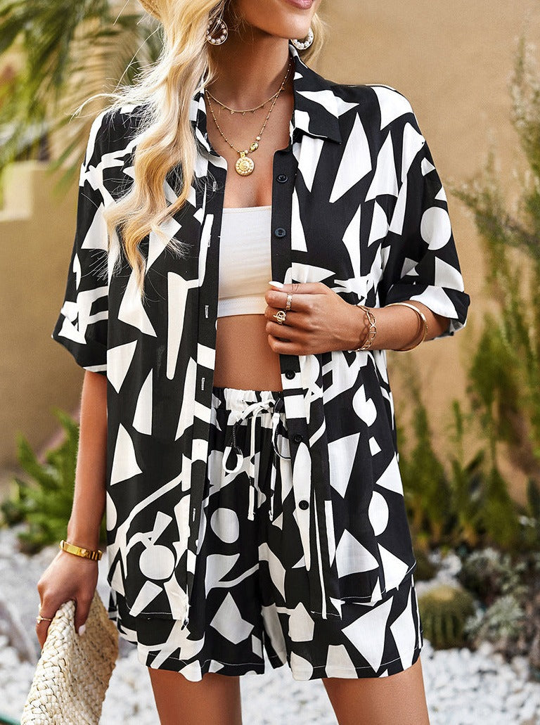 Two Piece Geometric Printed White and Black Shorts Set