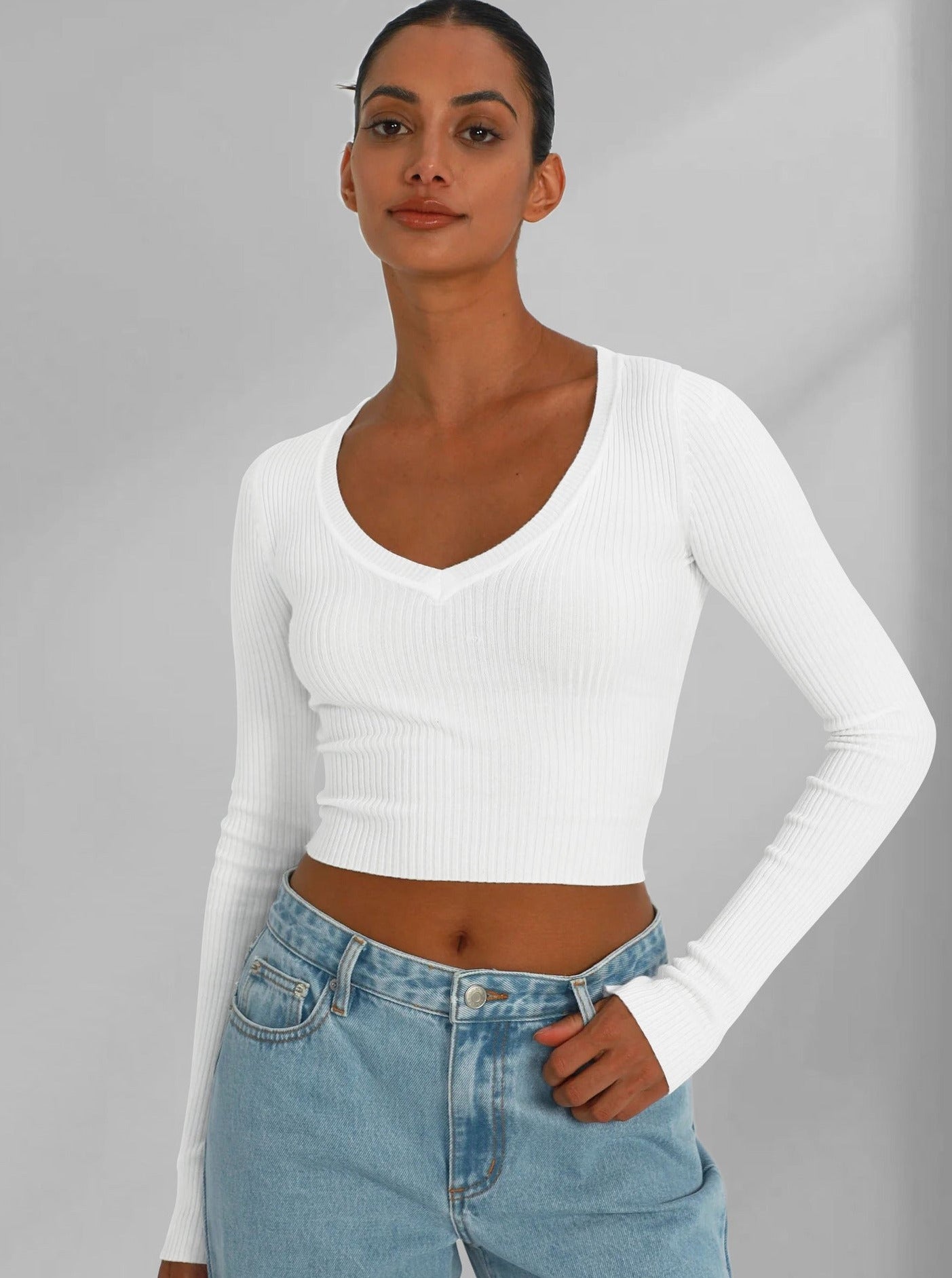 Sexy Long Sleeve Knitted V-Neck Shirt