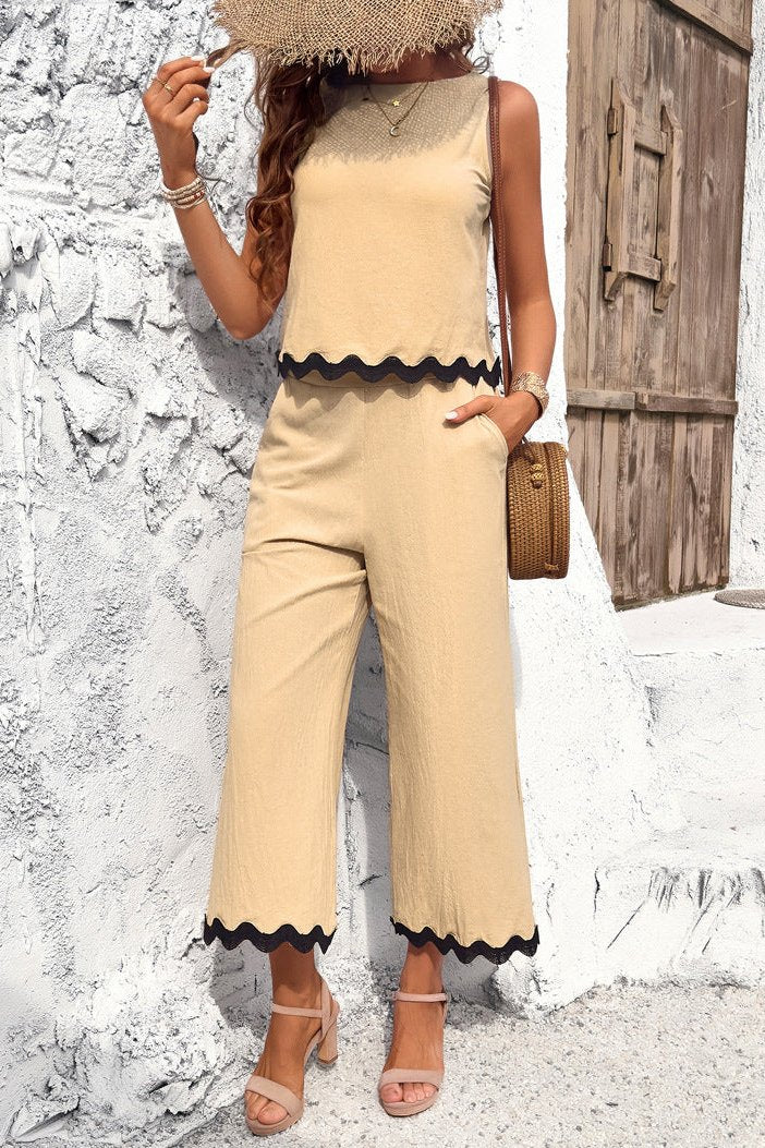 Apricot Summer Wavy Hem Sleeveless Top and Pants Set