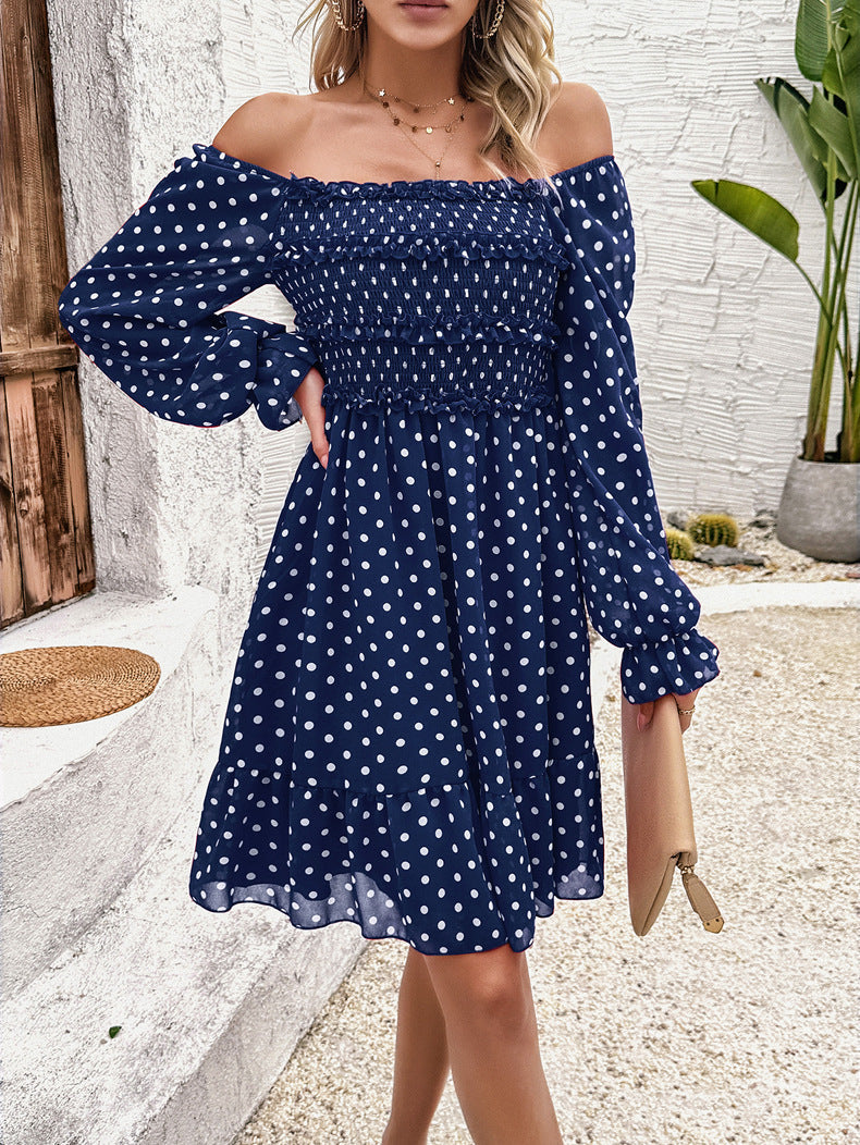 Casual Blue Off Shoulder Polka Dot Dress