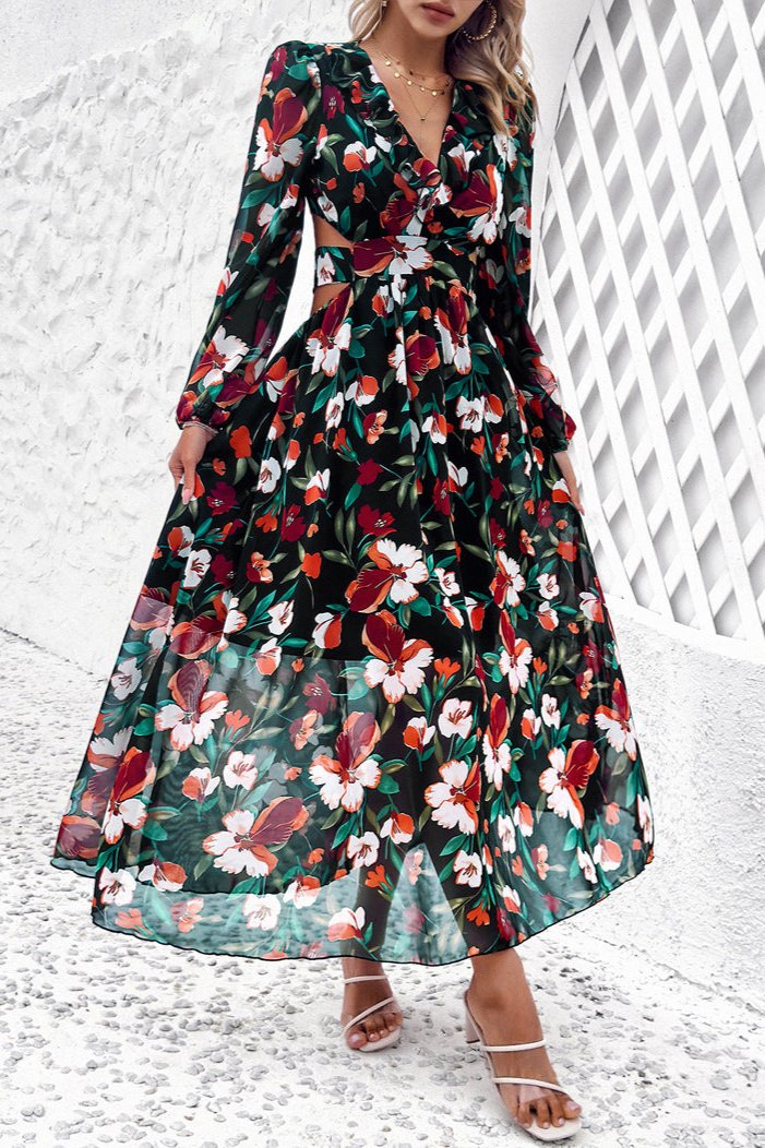 Long Sleeve Deep V-Neck Floral Maxi Dress