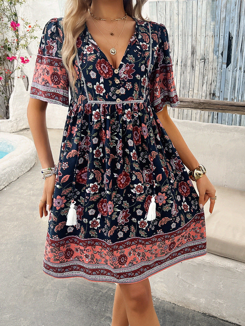 Black Retro Printed V-Neck Short Sleeve Dress