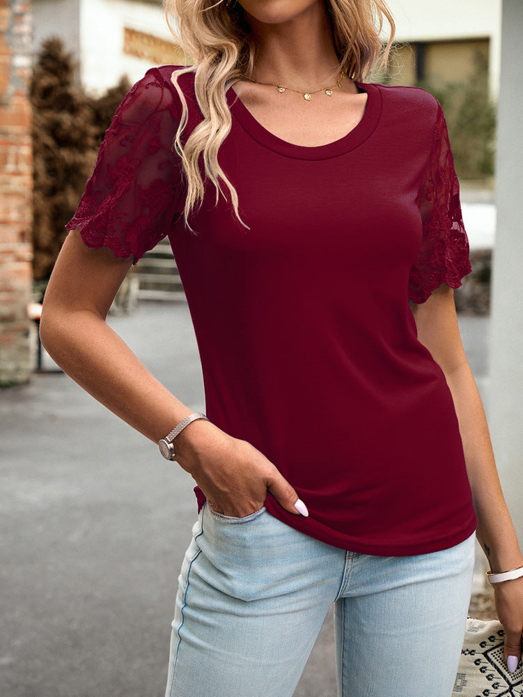 Wine Round Neck Lace Sleeve T-Shirt