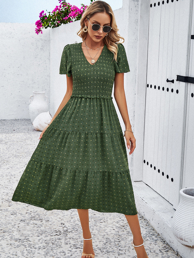 Green Temperament V-Neck Short-Sleeved Dress