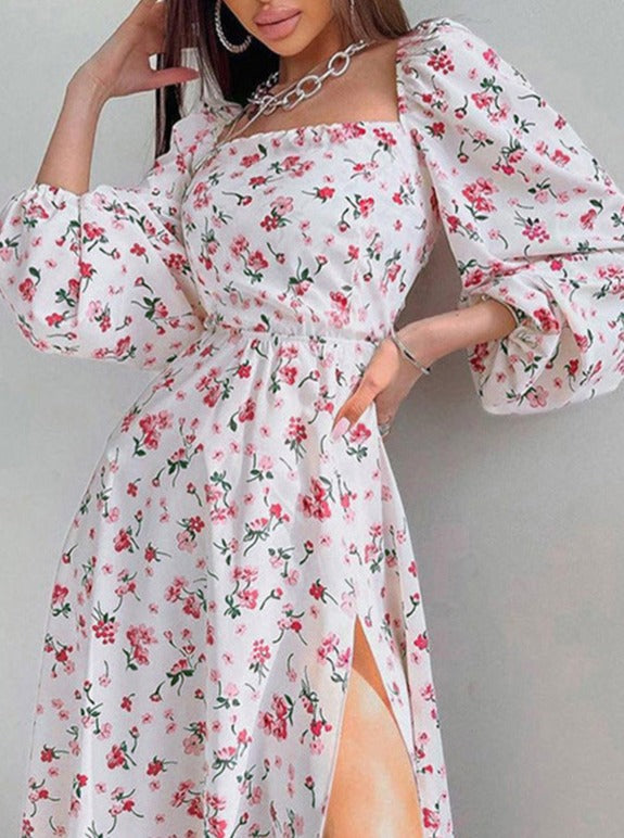 Elegant Temperament Printed Lantern Sleeve Slit Dress