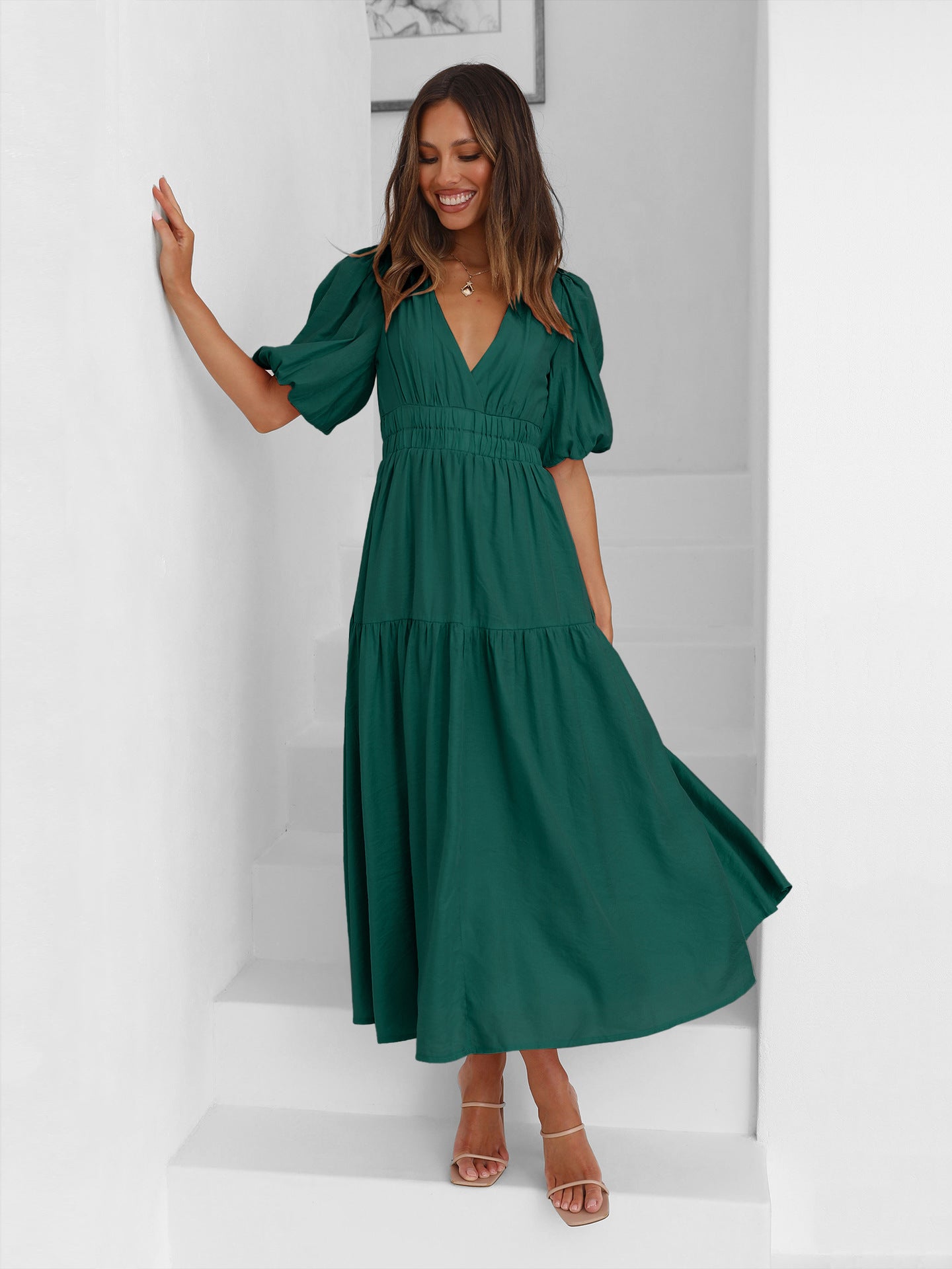 Dark Green Deep V-Neck Puff Sleeve Layered Dress