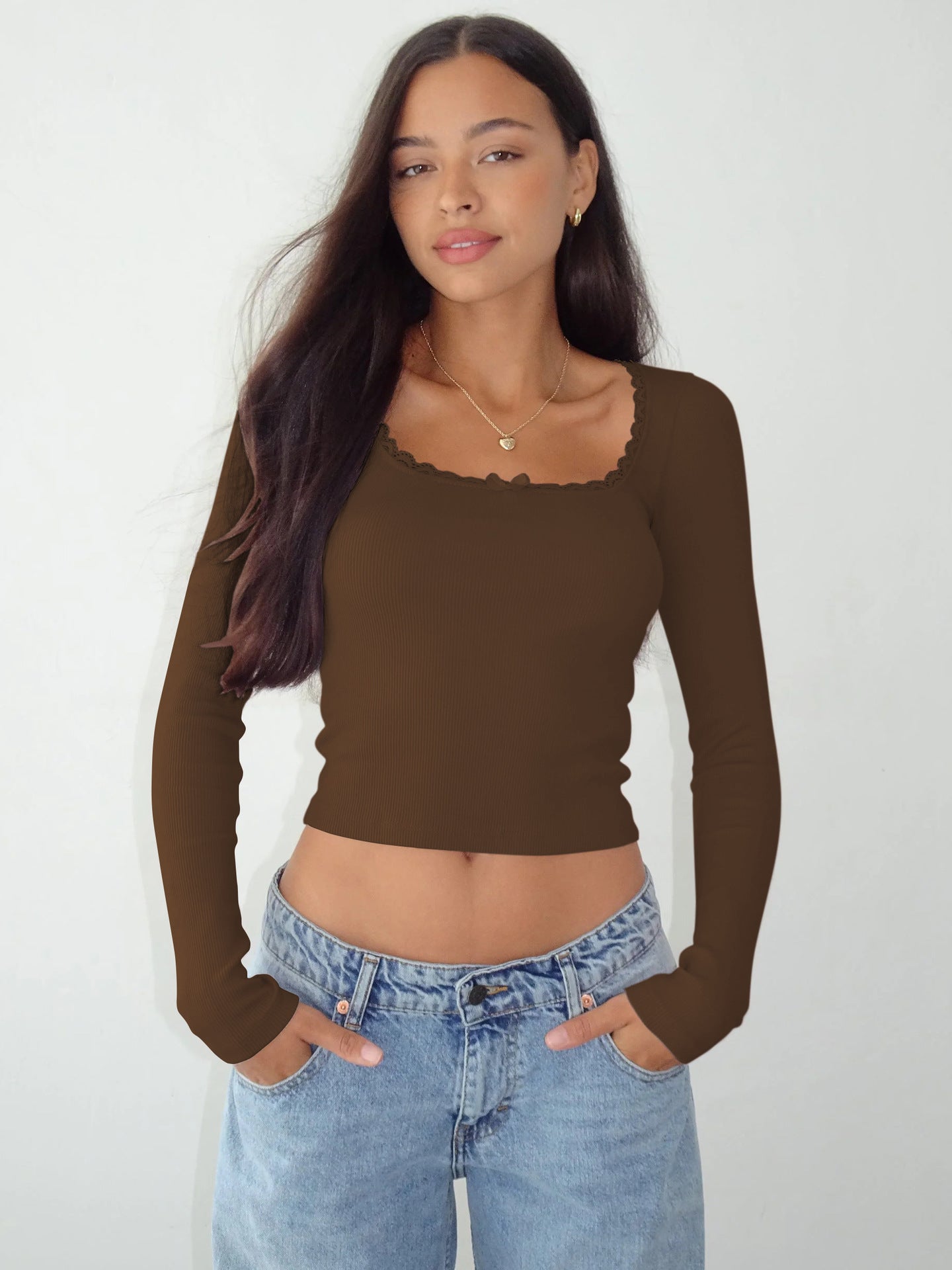 Sexy Laced Brown Long Sleeve Crop Top