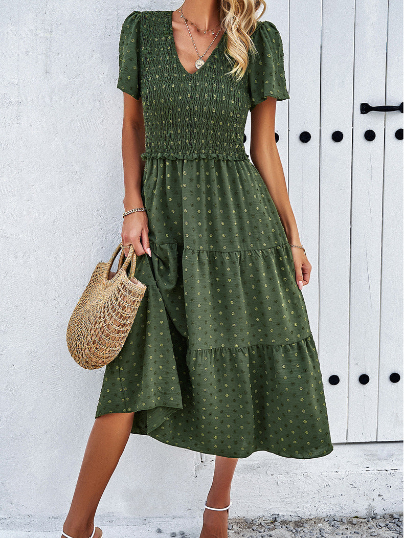 Green Temperament V-Neck Short-Sleeved Dress