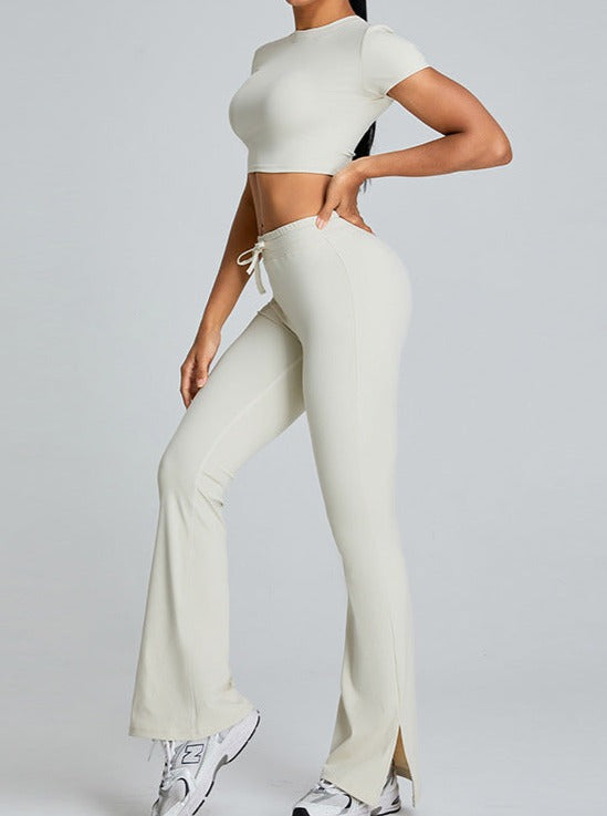 White Slit-Flared Butt-Lifting Drawstring Fitness Pants