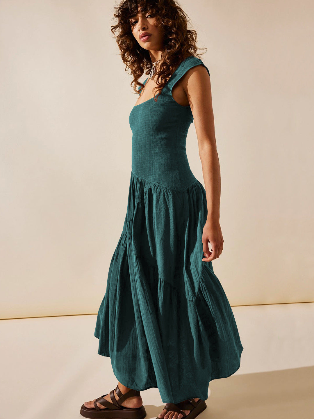 Boho Midikleid Rückenfrei Quadratischer Ausschnitt Sommerkleid