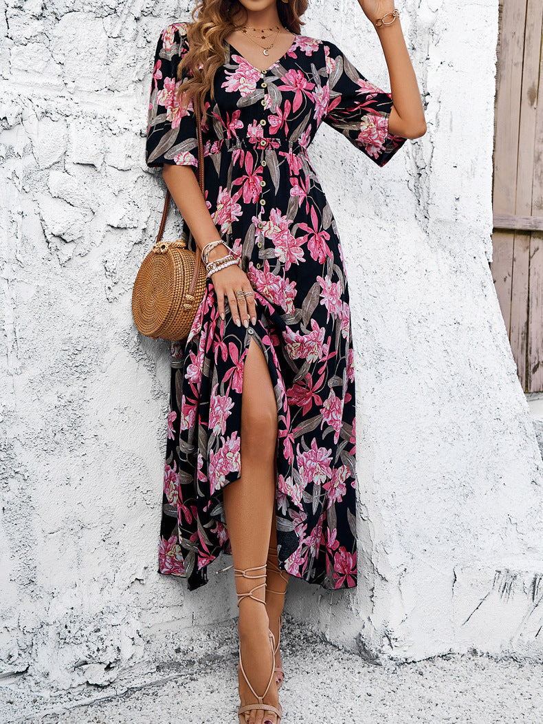 Black Floral Printed Large Swing Dress