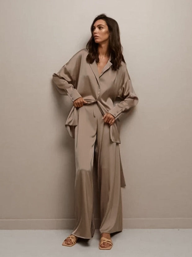 Elegant Two Piece French V-Neck Nightwear Wide Leg Pants